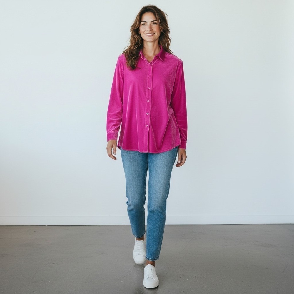 Soft Surroundings Women's Med Velvet Boyfriend Bright Pink Tunic Shirt Shacket